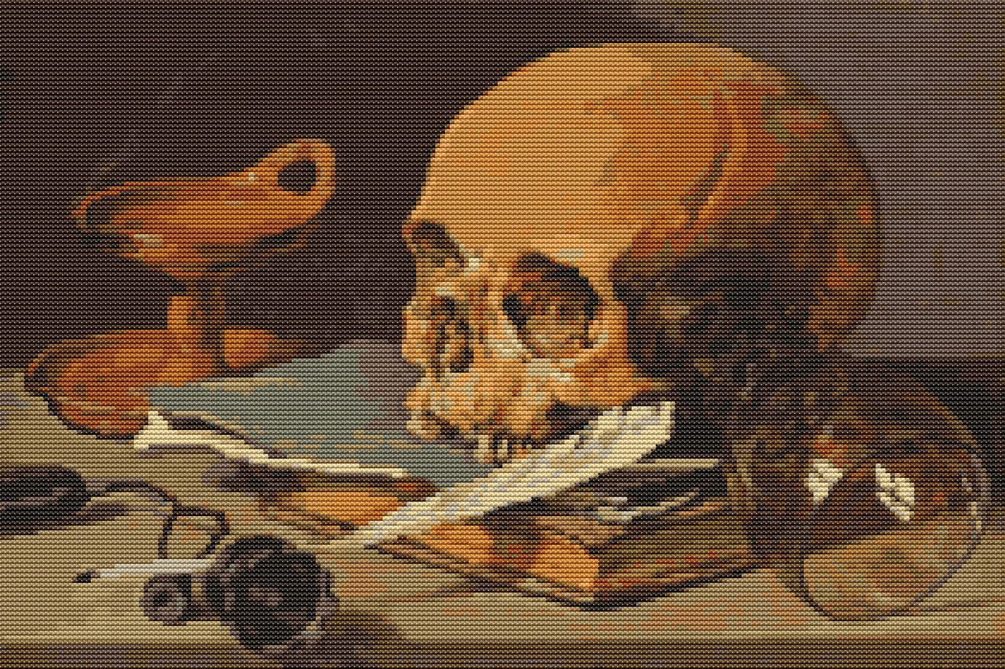Still Life with a Skull and a Writing Quill Cross Stitch Pattern by Pieter Claesz