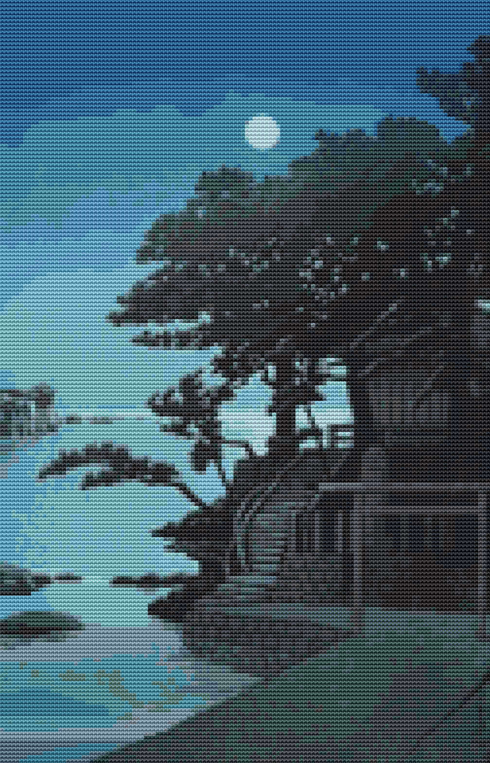 Konjikido in Snow, Hiraizumi Cross Stitch Pattern by Kawase Hasui