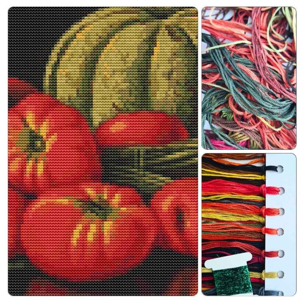 Still Life with Cantaloupe, Tomatoes, and Carrots Cross Stitch Kit