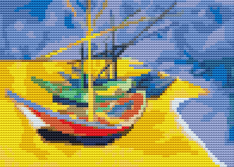 Boats on a Beach Mini Cross Stitch Pattern by Vincent Van Gogh