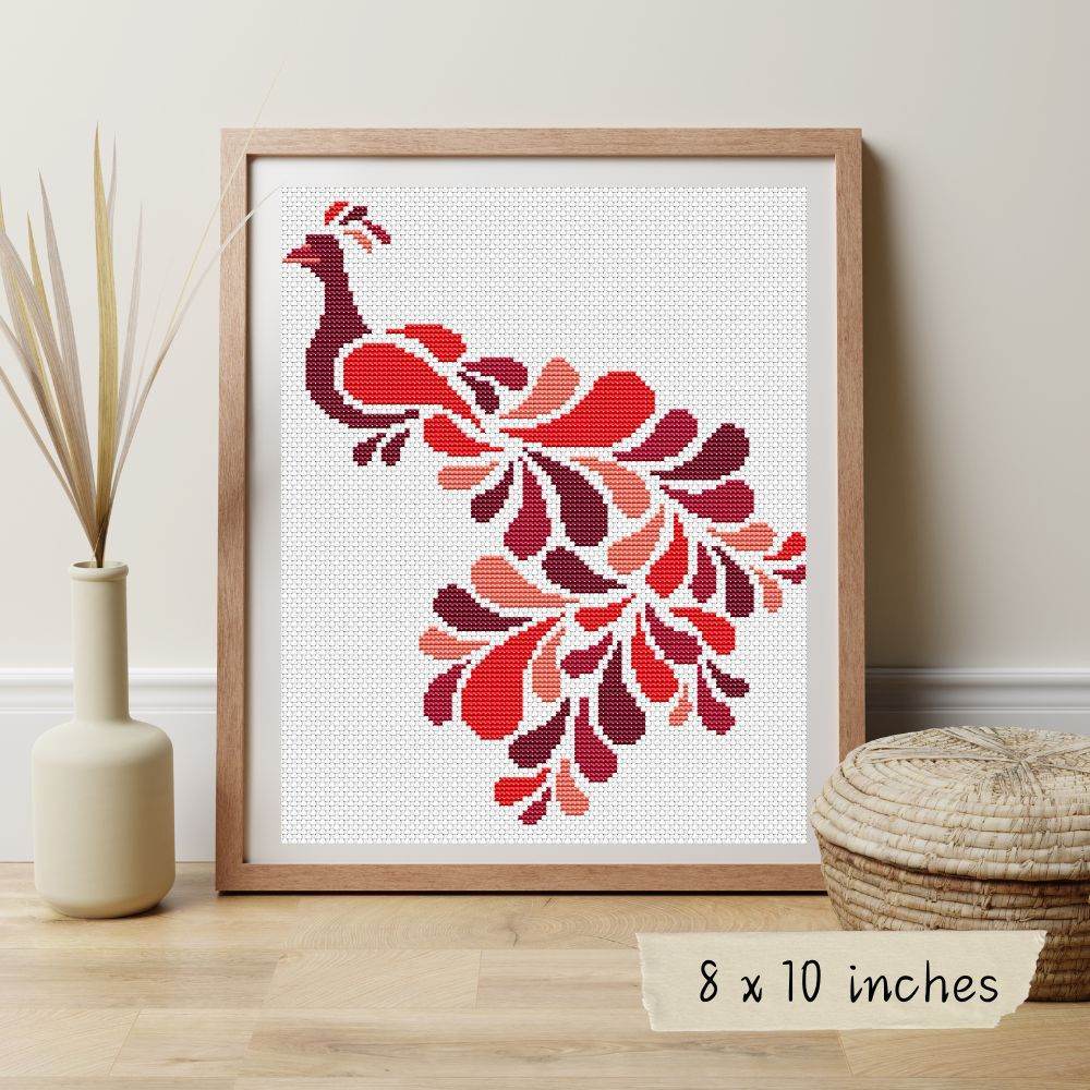 Abstract Peacock in Red Cross Stitch Pattern by Lisa Fischer