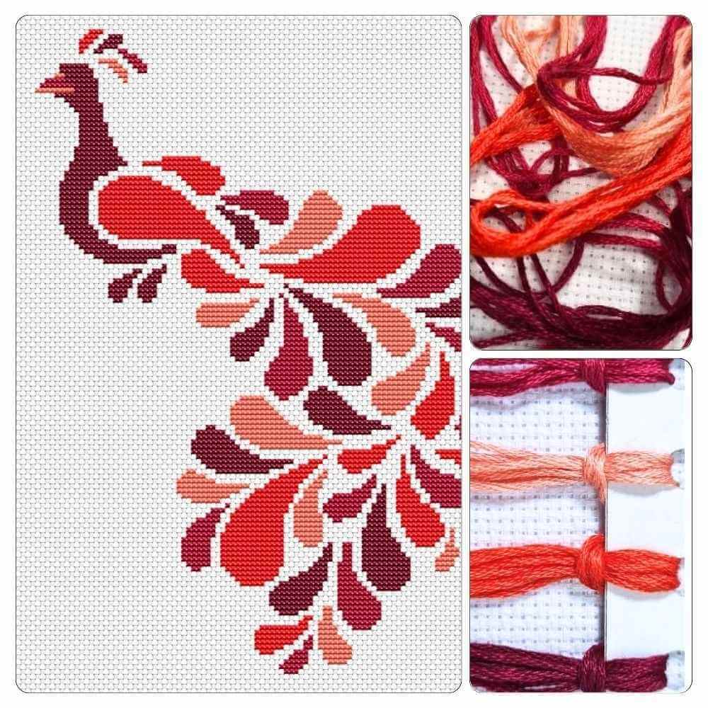 Abstract Peacock in Red Cross Stitch Kit