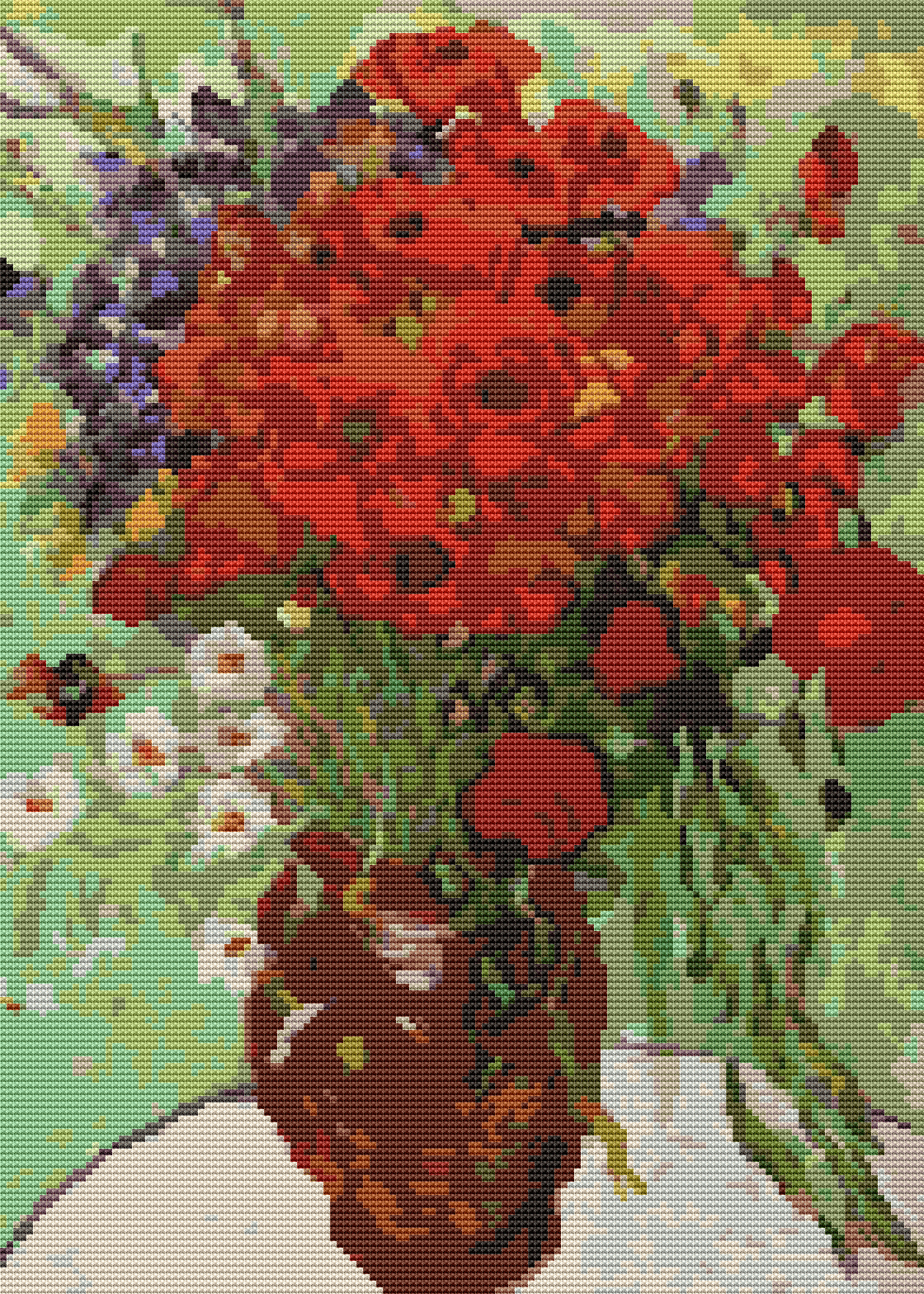 Red Poppies and Daisies Cross Stitch Pattern by Vincent Van Gogh