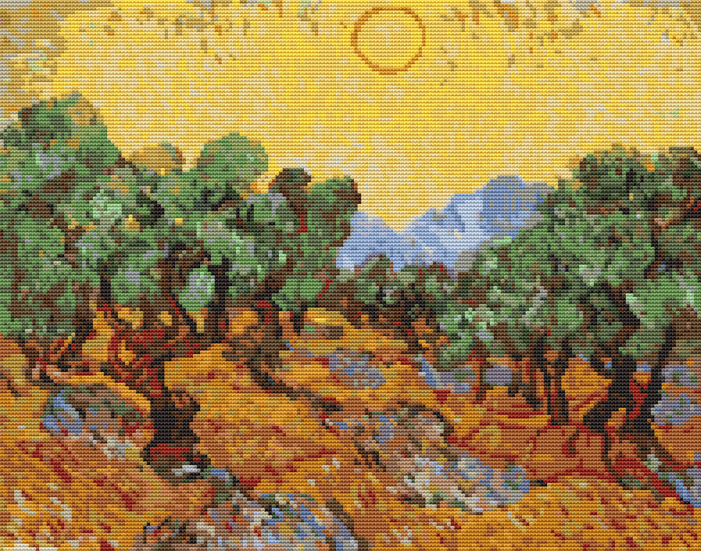 Olive Trees with Yellow Sky and Sun Cross Stitch Pattern by Vincent Van Gogh