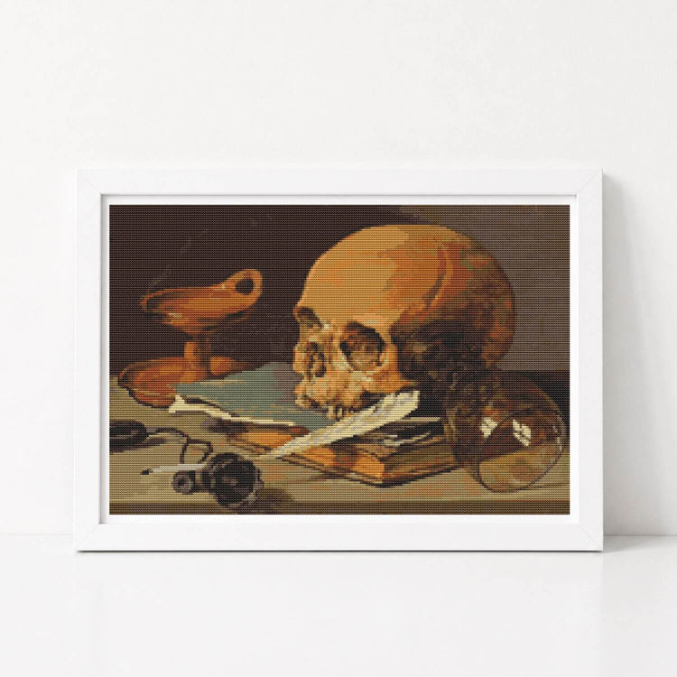 Still Life with a Skull and a Writing Quill Cross Stitch Kit - Premium Cross Stitch Kit - Pieter Claesz
