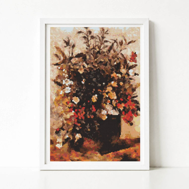 Autumn Berries and Flowers in Brown Pot Cross Stitch Kit - Premium Cross Stitch Kit - John Constable