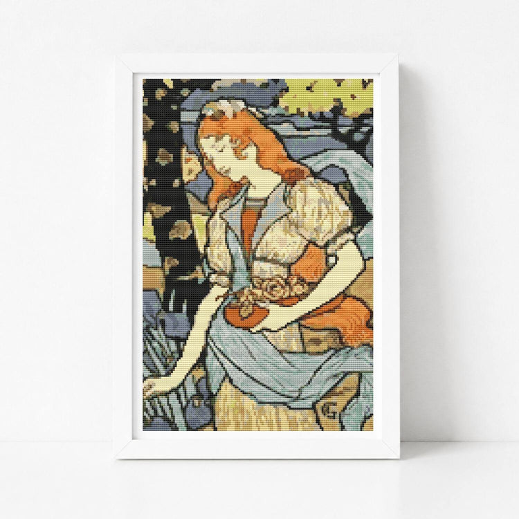 Woman Gathering Flowers Cross Stitch Kit - Premium Cross Stitch Kit - Eugene Grasset
