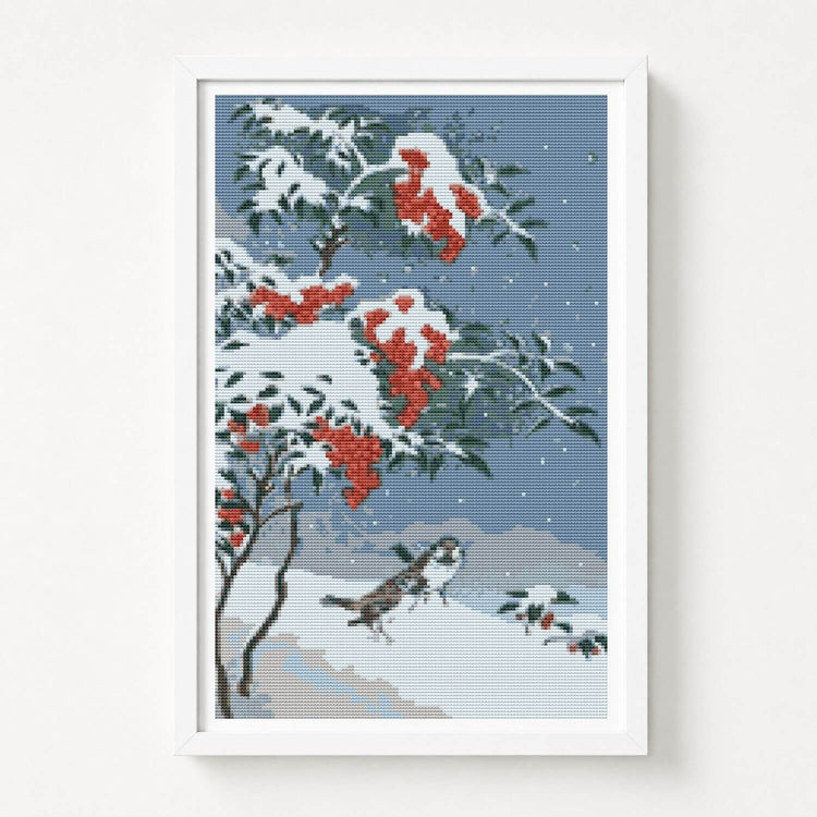 Sparrows and Nandin Cross Stitch Kit | Ohara Koson