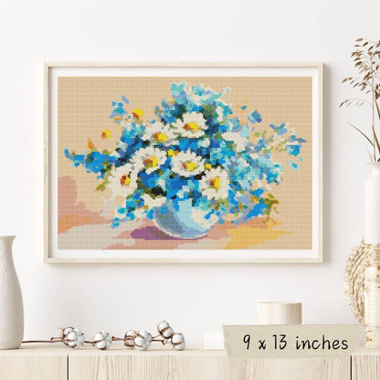 Daisies in a Sea of Blue Cross Stitch Pattern