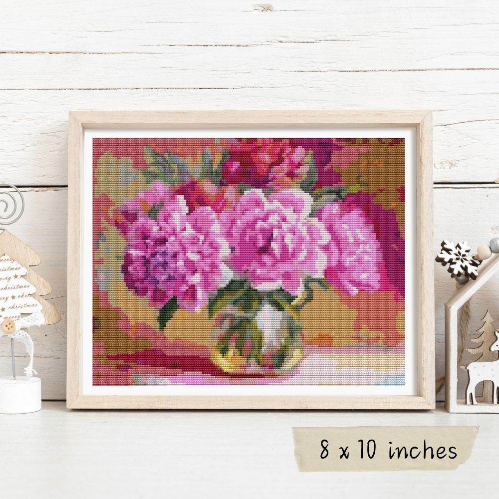 Pink Peonies in a Vase Cross Stitch Pattern by The Art of Stitch