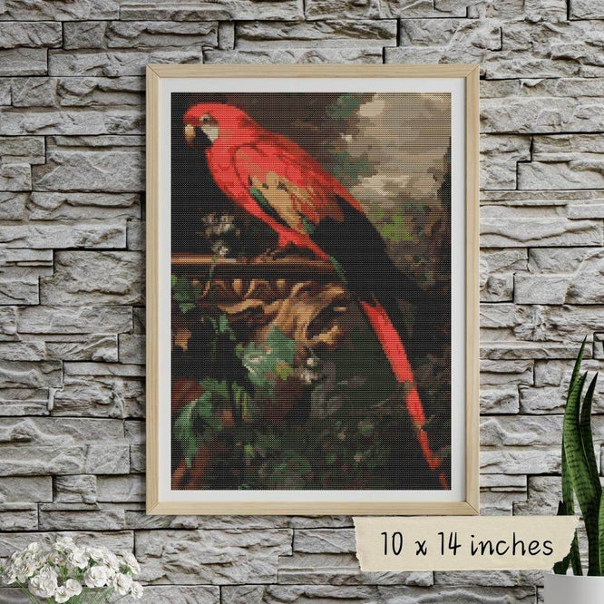 A Scarlet Macaw in a Landscape Cross Stitch Pattern