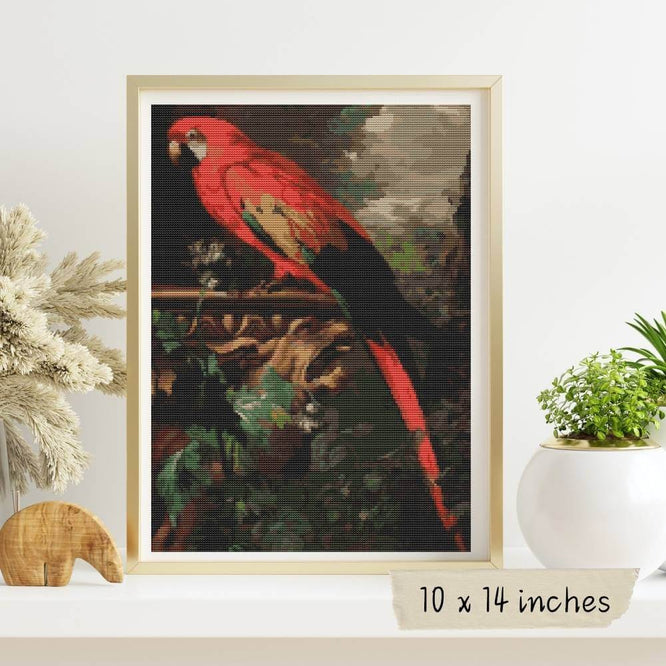 A Scarlet Macaw in a Landscape Cross Stitch Pattern