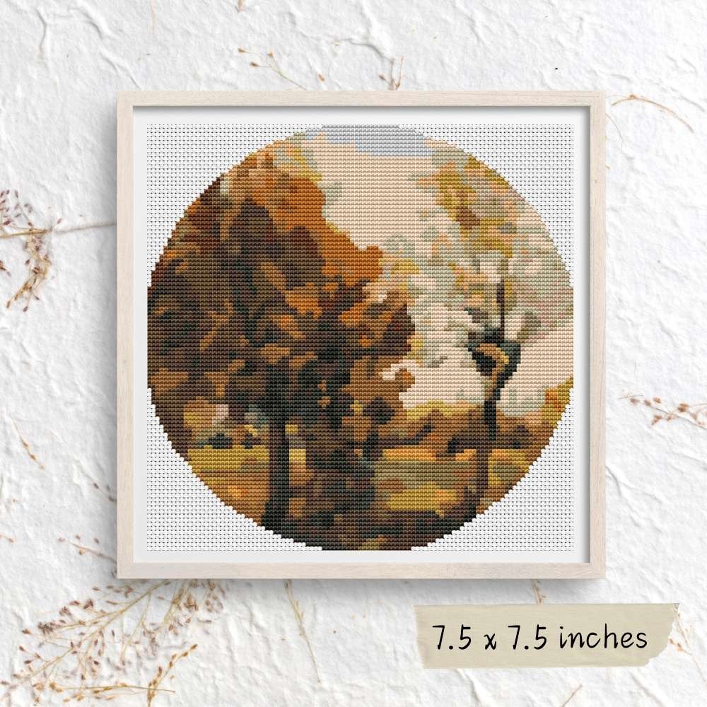 Autumn Landscape with Four Trees Circular Cross Stitch Pattern
