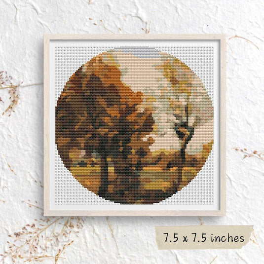 Autumn Landscape with Four Trees Circular Cross Stitch Pattern by Vincent Van Gogh