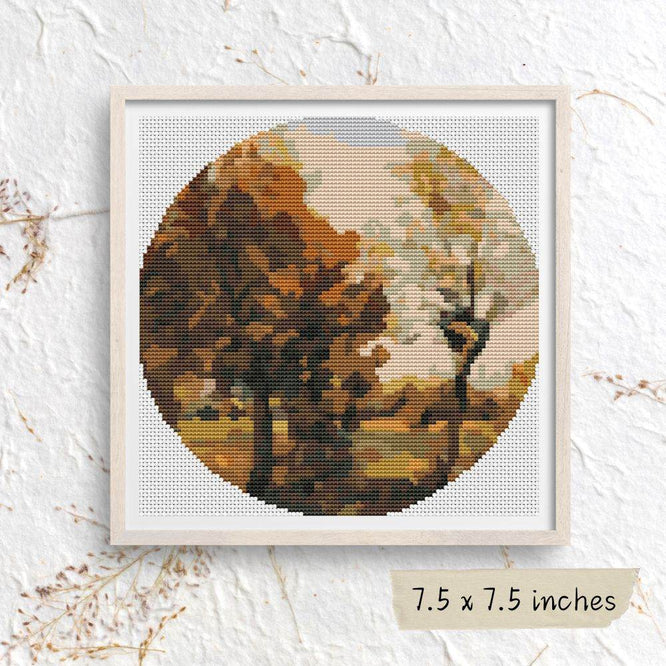 Autumn Landscape with Four Trees Circular Cross Stitch Pattern