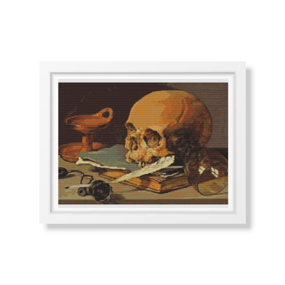 Still Life with a Skull and a Writing Quill Cross Stitch Pattern | Pieter Claesz