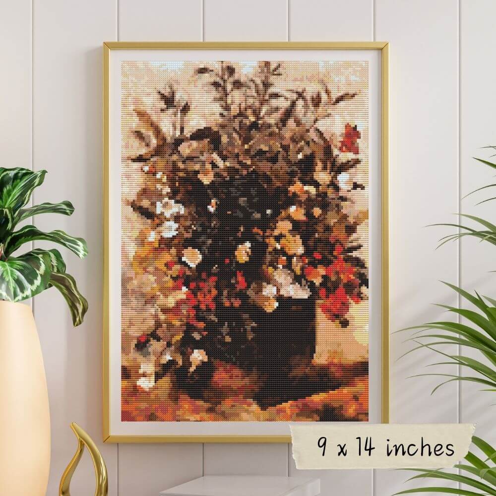 Autumn Berries and Flowers in Brown Pot Cross Stitch Kit