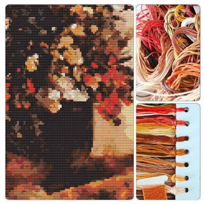 Autumn Berries and Flowers in Brown Pot Cross Stitch Kit