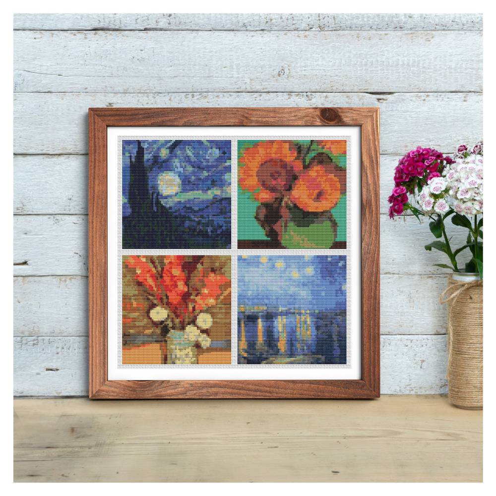 Four Squares featuring Vincent Van Gogh Cross Stitch Pattern | Size: 5 x 5 inches per square | Vincent Van Gogh