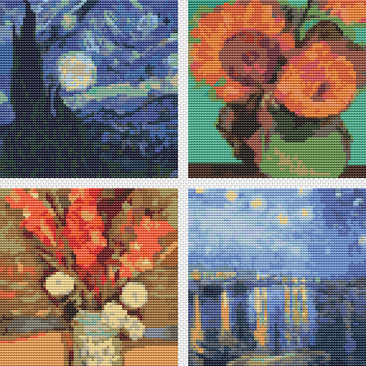 Four Squares featuring Vincent Van Gogh Cross Stitch Pattern | Size: 5 x 5 inches per square | Vincent Van Gogh