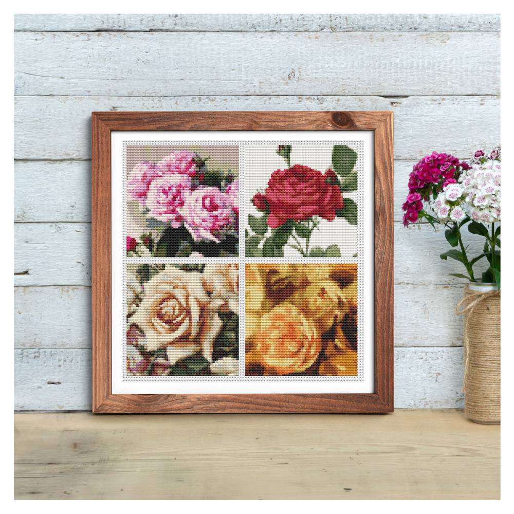 Four Squares featuring Roses Cross Stitch Kit | Size: 5 x 5 inches per square | The Art of Stitch