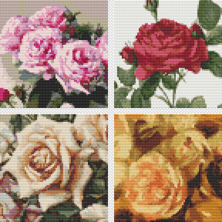 Four Squares featuring Roses Cross Stitch Pattern | Size: 5 x 5 inches per square | The Art of Stitch