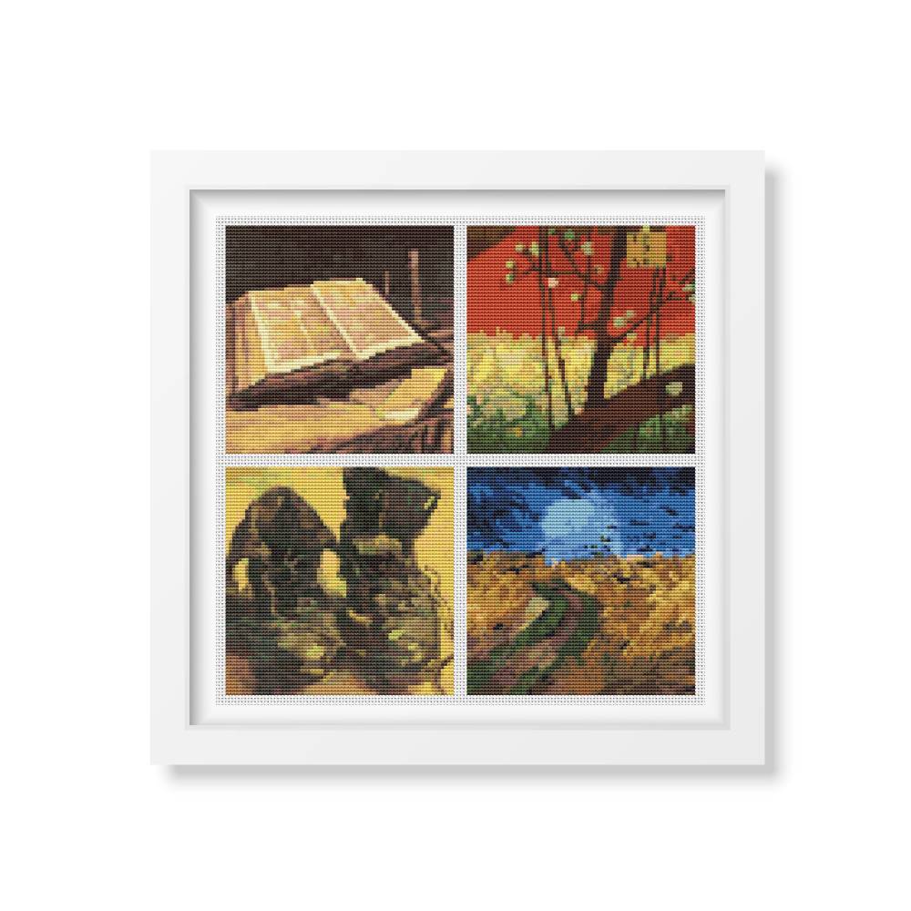 Four Squares featuring Vincent Van Gogh Cross Stitch Kit | Size: 5 x 5 inches per square | Vincent Van Gogh