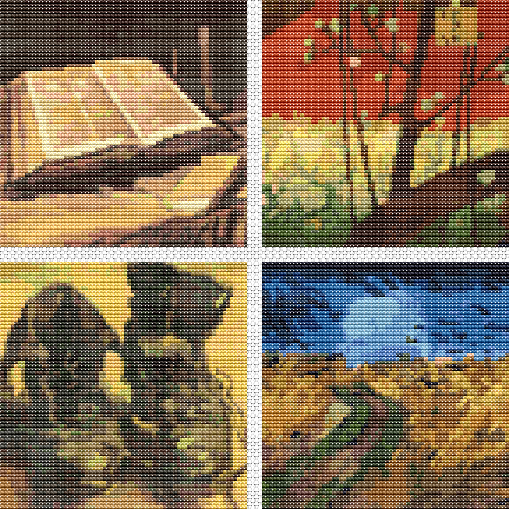 Four Squares featuring Vincent Van Gogh Cross Stitch Pattern | Size: 5 x 5 inches per square | Vincent Van Gogh