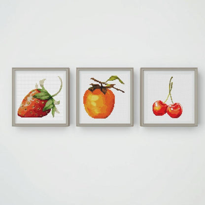 Fruit Series: Strawberry, Persimmon & Cherries Mini Cross Stitch Pattern