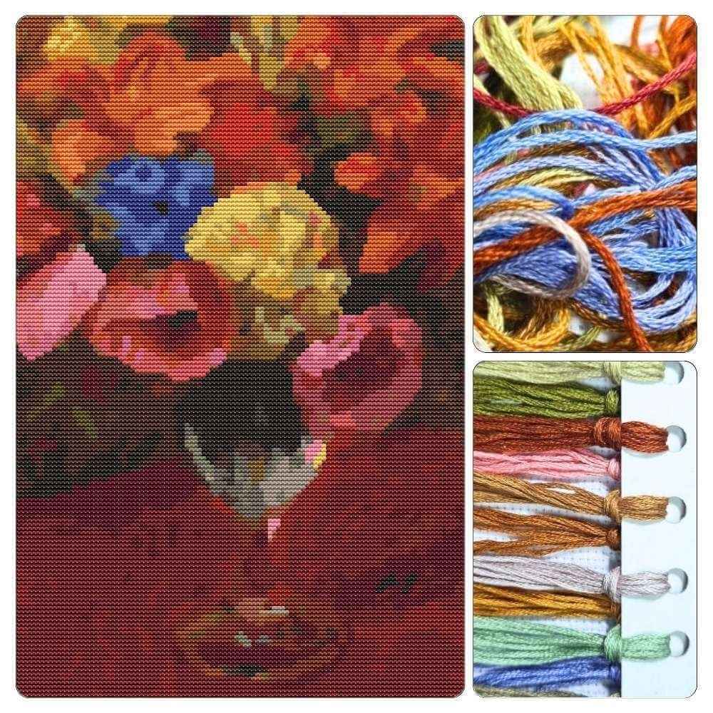 Poppies, Lilies and Blue Flowers Cross Stitch Kit - Premium Cross Stitch Kit - William James Glackens