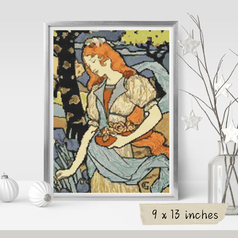 Woman Gathering Flowers Cross Stitch Pattern | Eugene Grasset