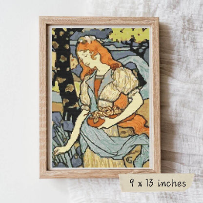 Woman Gathering Flowers Cross Stitch Pattern