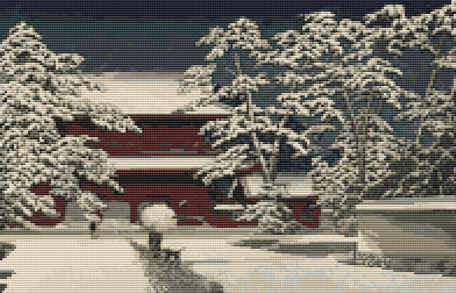 Zojoji Temple in Snow Cross Stitch Pattern | Kawase Hasui