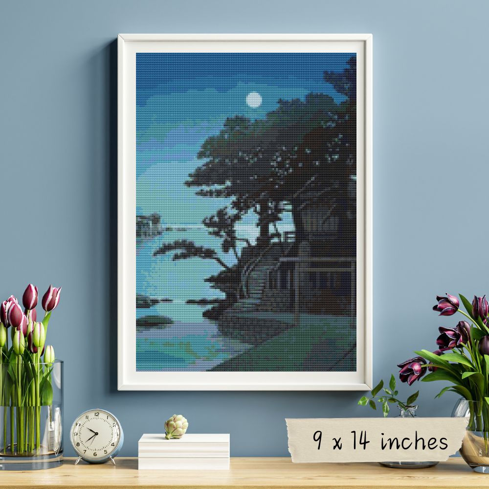 Konjikido in Snow, Hiraizumi Cross Stitch Pattern | Kawase Hasui