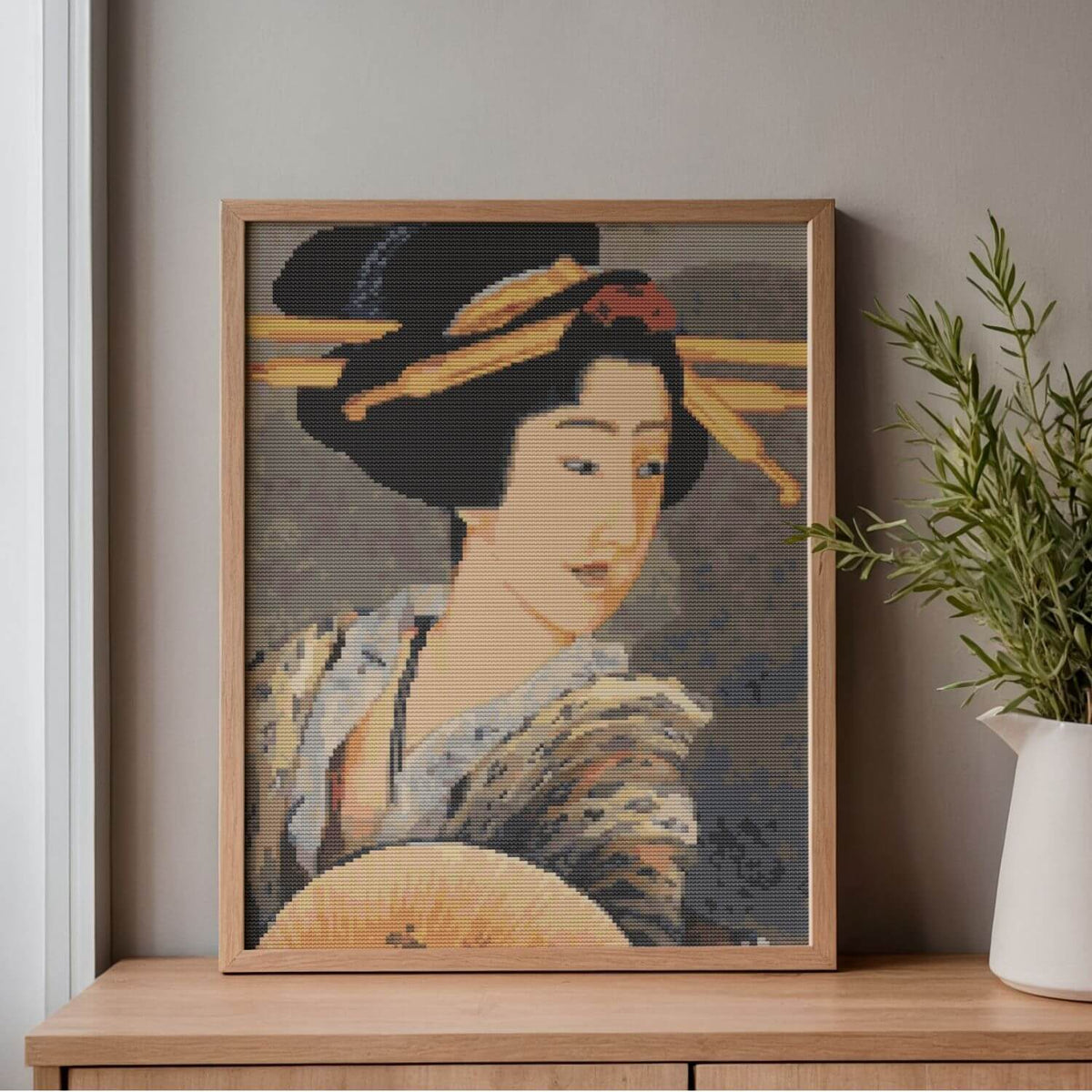 Portrait of A Woman Holding a Fan Cross Stitch Pattern - Premium Cross Stitch Pattern - Katsushika Hokusai