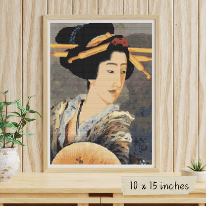 Portrait of A Woman Holding a Fan Cross Stitch Kit | Katsushika Hokusai