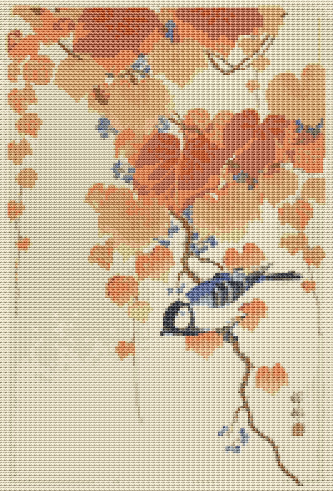 Great Tit on Paulownia Branch Cross Stitch Pattern by Ohara Koson