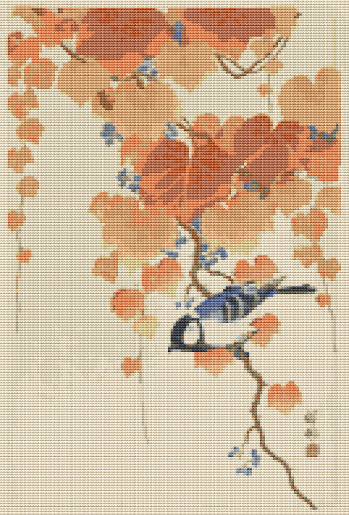 Great Tit on Paulownia Branch Cross Stitch Pattern | Ohara Koson