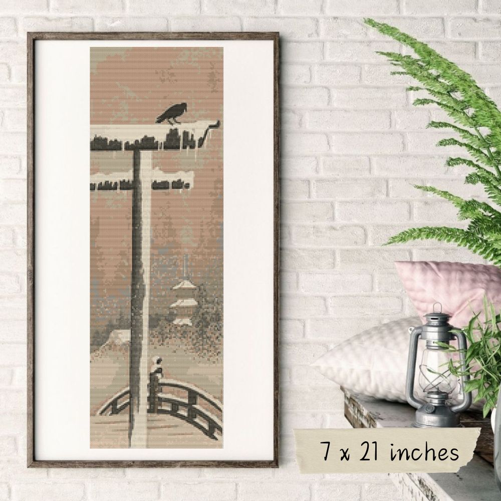 Torii and Crow in the Snow Cross Stitch Pattern | Ohara Koson