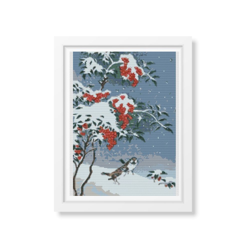 Sparrows and Nandin Counted Cross Stitch Pattern | Ohara Koson