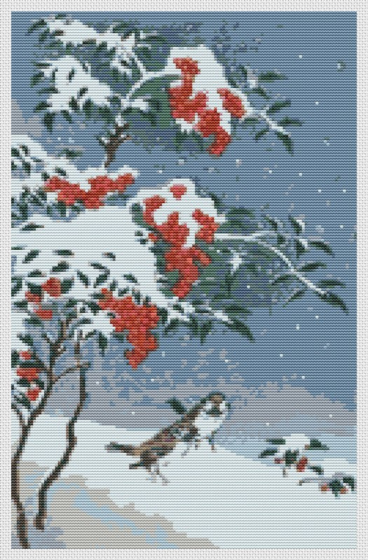 Sparrows and Nandin Counted Cross Stitch Pattern | Ohara Koson