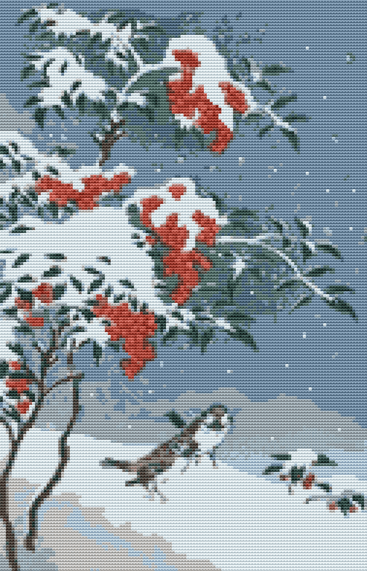 Sparrows and Nandin Cross Stitch Pattern by Ohara Koson