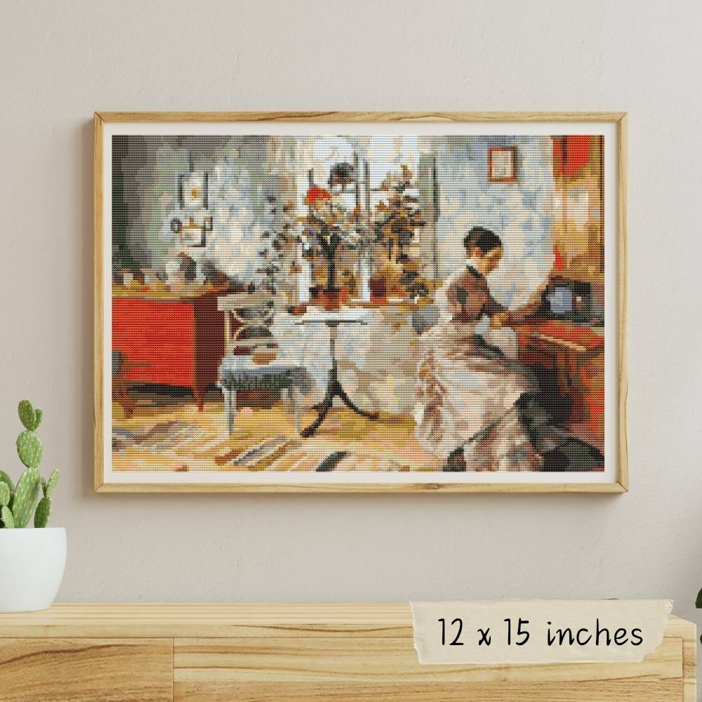 An Interior with a Woman Reading Cross Stitch Kit