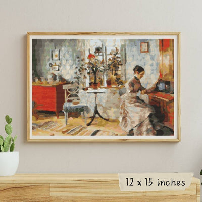 An Interior with a Woman Reading Cross Stitch Pattern