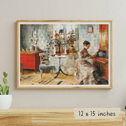 An Interior with a Woman Reading Cross Stitch Kit