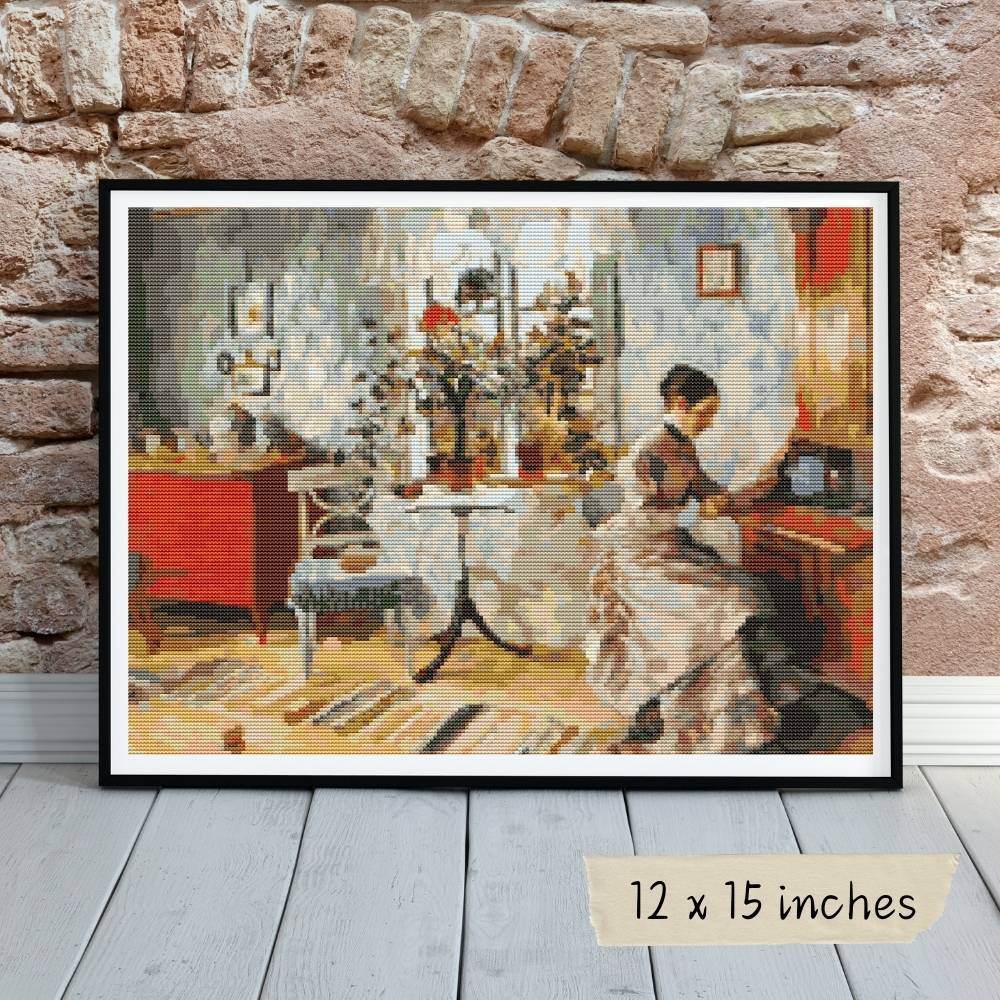 An Interior with a Woman Reading Cross Stitch Pattern by Carl Larsson