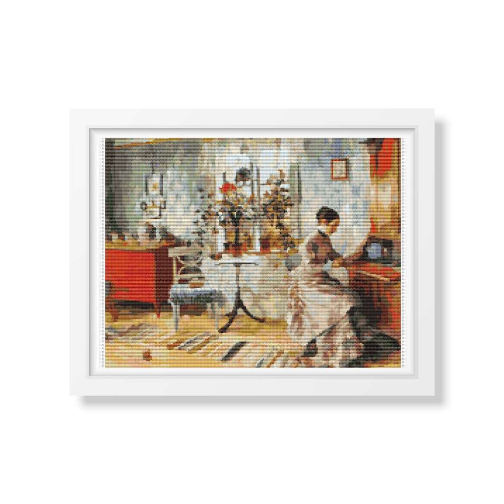 An Interior with a Woman Reading Cross Stitch Pattern | Carl Larsson