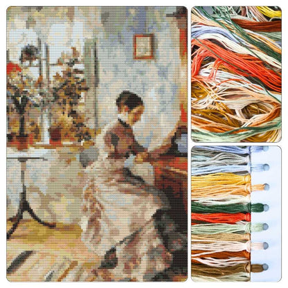 An Interior with a Woman Reading Cross Stitch Kit