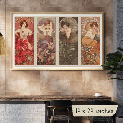 The Four Gemstones Cross Stitch Pattern by Alphonse Mucha