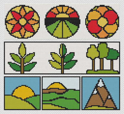 Panel Series featuring Green Earth Cross Stitch Pattern | Size: 2.5 x 9 inches per panel | The Art of Stitch